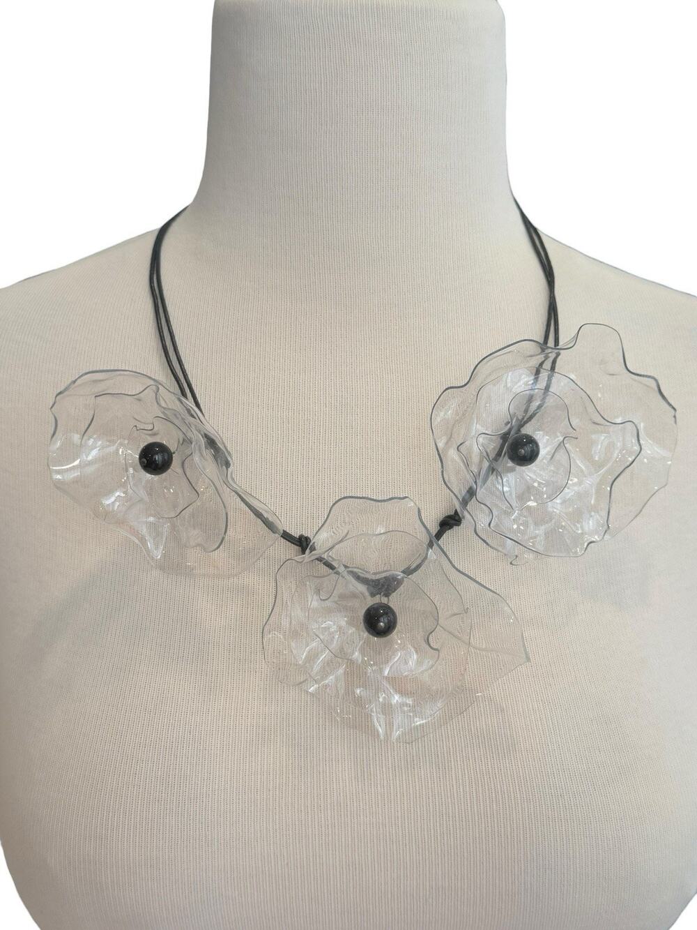 Upcycled Flower Statement Necklace Black Satin Cord Plastic Bottle Flowers